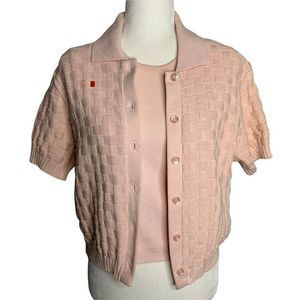 Vintage 90s Saks Fifth Ave Twin Set S Petite Pink Knit Cardigan Sweater Shell